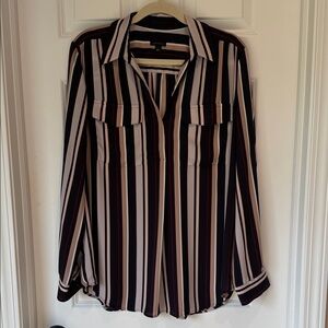 Ann Taylor Long Sleeve Vertical Stripe Blouse - Large‎ - Navy and Tan